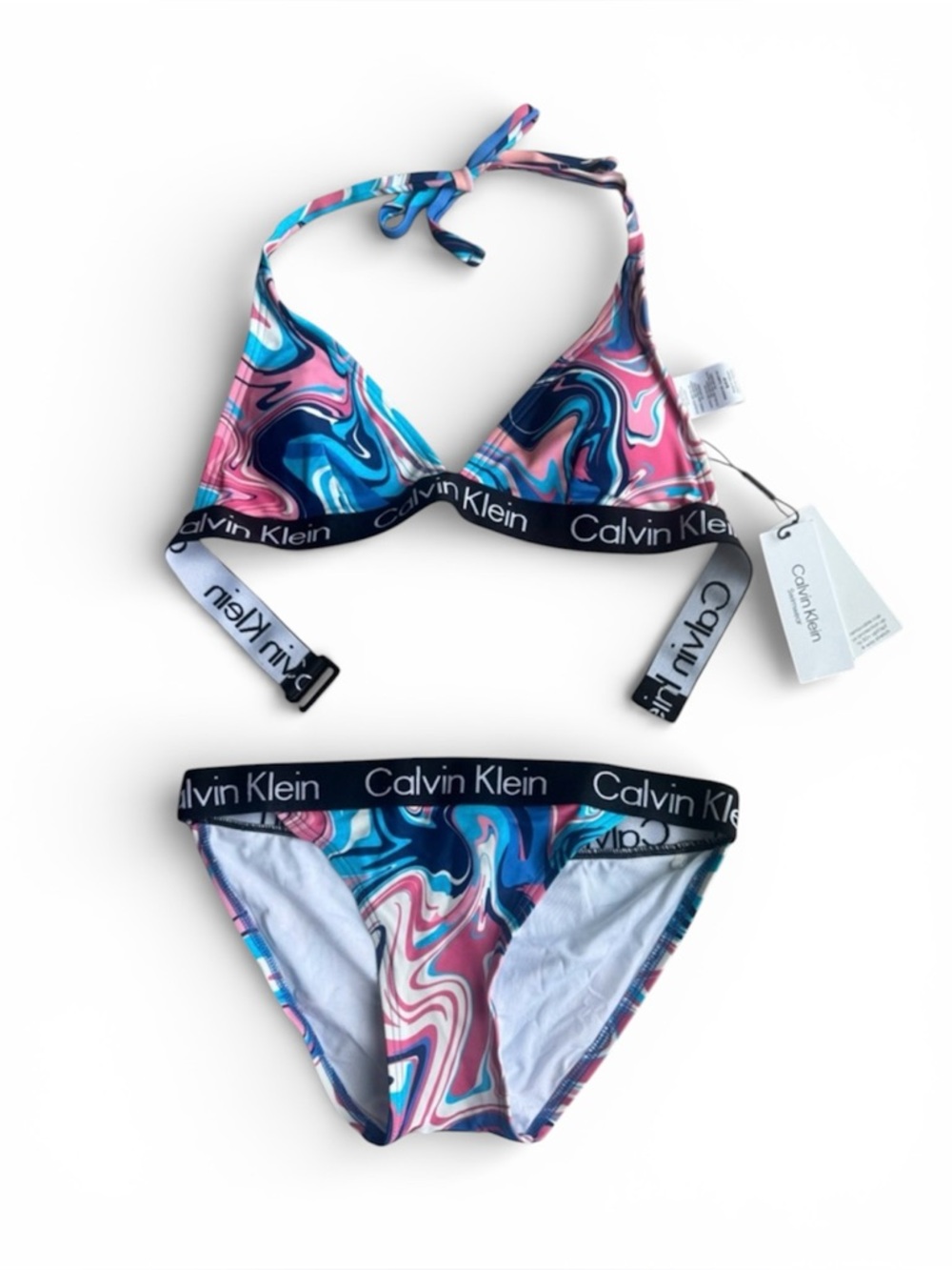 NWT Calvin Klein Swirl-Print Triangle Bikini in Blue & Pink